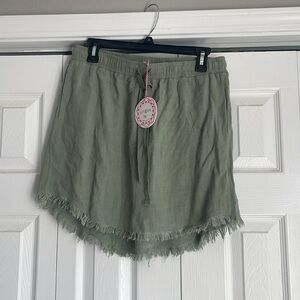 Umgee Olive Linen Fringe High Low Skirt NWT
